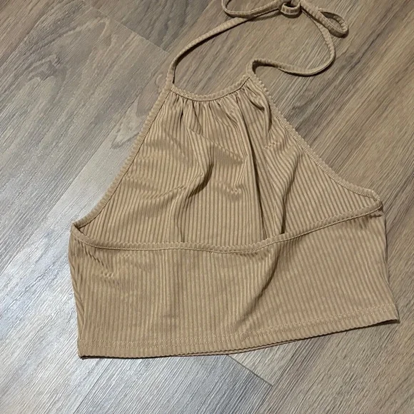 Tan Halter Neck Ribbed Crop Top - Picture 2 of 2